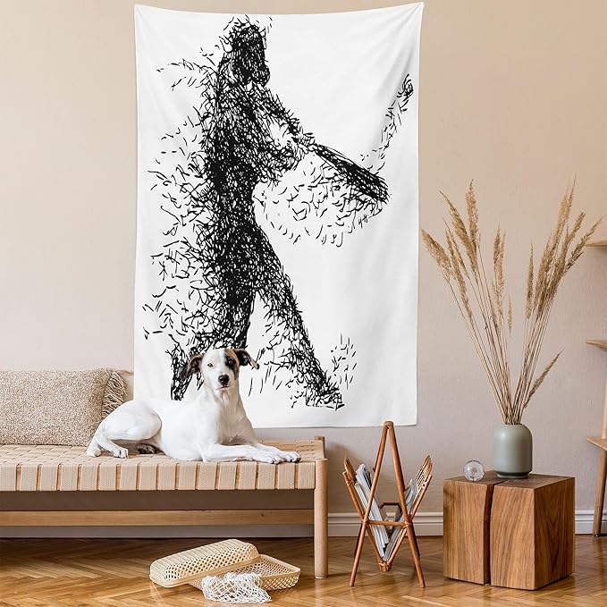 Ambesonne Black and White Tapestry, Abstract Illustration of a Baseball Player Posing Grunge, Fabric Wall Hanging Decor for Bedroom Living Room Dorm, 30" X 45", White Charcoal