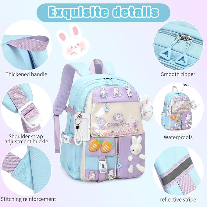 Backpack for Girls Cute Bookbag Set with Lunch Box Pencil Case Kawaii Bunny School Backpacks for Girl 3 Pcs Kindergarten Elementary Preschool Middle Sequin School Bag for Girls (Blue)