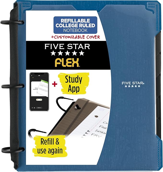 Five Star Flex Refillable Notebook + Study App, College Ruled Paper and 1 Inch TechLock Ring Binder with Customizable Cover, Pockets, Tabs and Dividers, 200 Sheet Capacity, Pacific Blue (29326AD2)