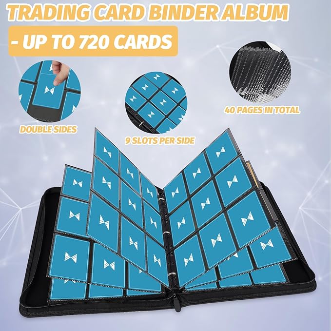 720 Card Binder, Premium Trading Card Binder, 9 Pocket Double Sided Pocket PU Card Collection Binder, Collector Card Album, Card Folder for MTG, TCG, Sports Cards, Game Cards (Light Purple)