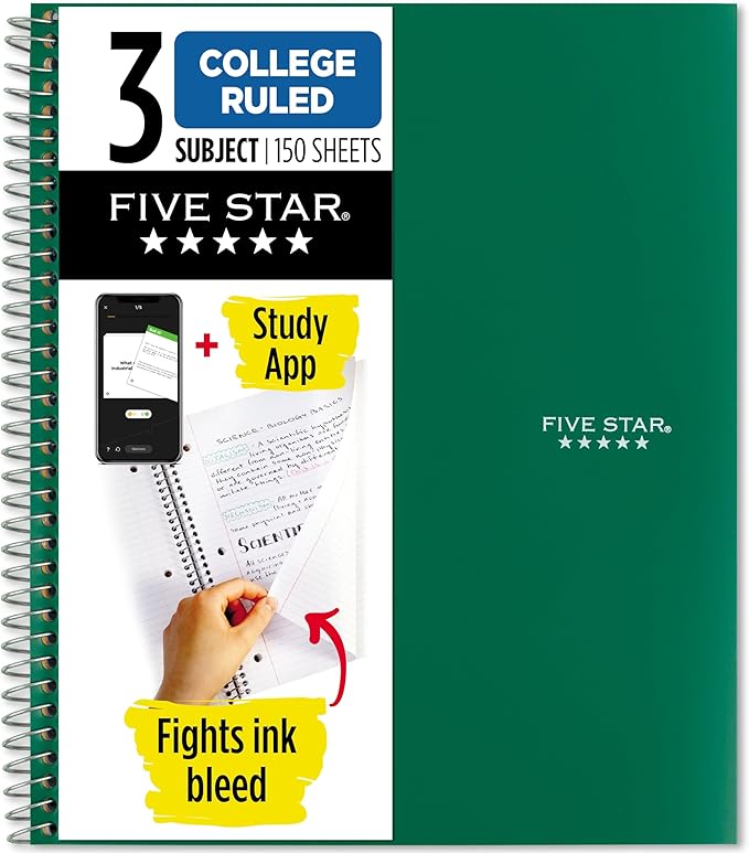 Five Star Spiral Notebook + Study App, 3 Subject, College Ruled Paper, Fights Ink Bleed, Water Resistant Cover, 8-1/2" x 11", 150 Sheets, Green (72067) (Pack of 6)