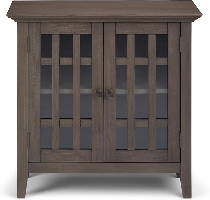 SIMPLIHOME Bedford Storage Cabinet - 32 inch Wide Solid Wood Low Media Cabinet in Farmhouse Grey, Transitional Console for Living Room, Entryway, or Dining Room with Glass Doors and Adjustable Shelves