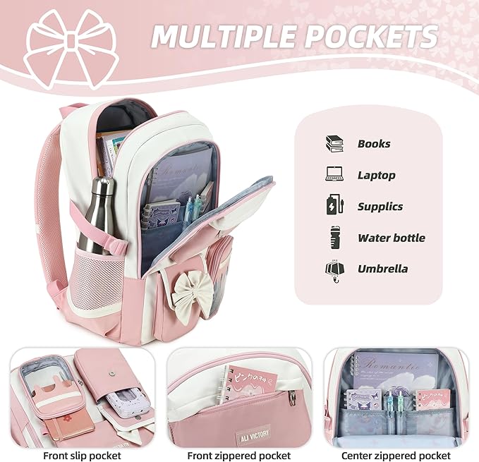 School Backpack for Girls 3PCS Nylon Kids Backpack Set with Lunch Box & Pencil Pouch, Cute Lightweight Teen Girls School Bag Laptop Bag Travel Daypack for Elementary Middle High School Beige Pink