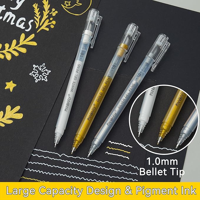 PANDAFLY Gold Silver White Gel Pens, 1mm Extra Fine Point White Pen for Art Highlight & Artists Drawing, Opaque Archival Ink Pens for Black Paper Drawing, Sketching, Illustration, Card Making, 5 Pack