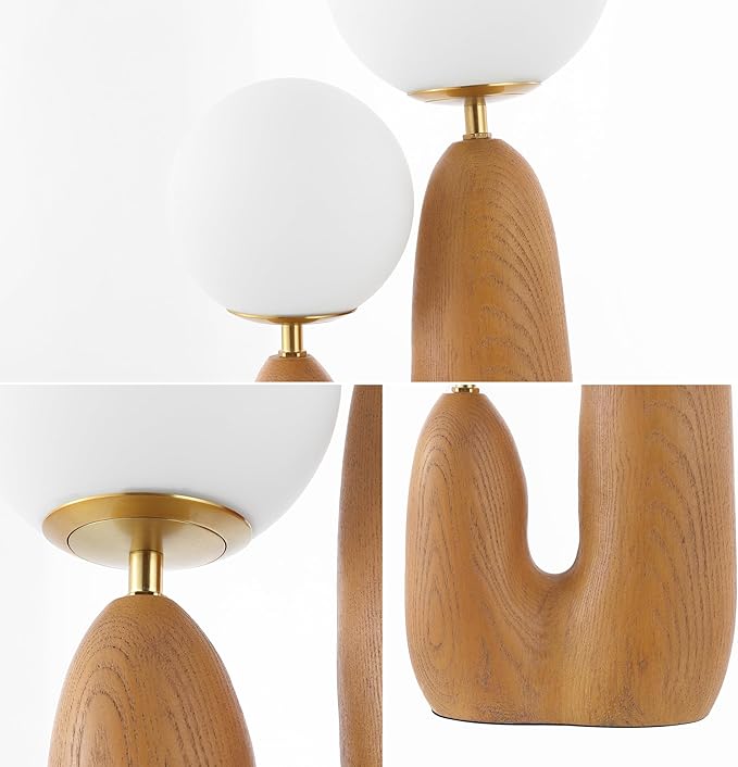 JONATHAN Y 17.75" Brown Wood Finish/Brass Gold Modern Bohemian Danish Cactus LED Table Lamp, 2-Light Mid-Century Minimalist Desk Light for Bedroom Living Room, Frosted Glass Globe Shades JYL4065A