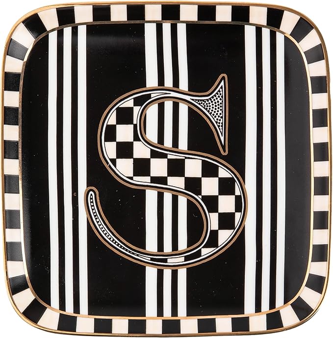 MACKENZIE-CHILDS Monogram Dish, Decorative Ceramic Letter Plate, 5 3/4" Square, S