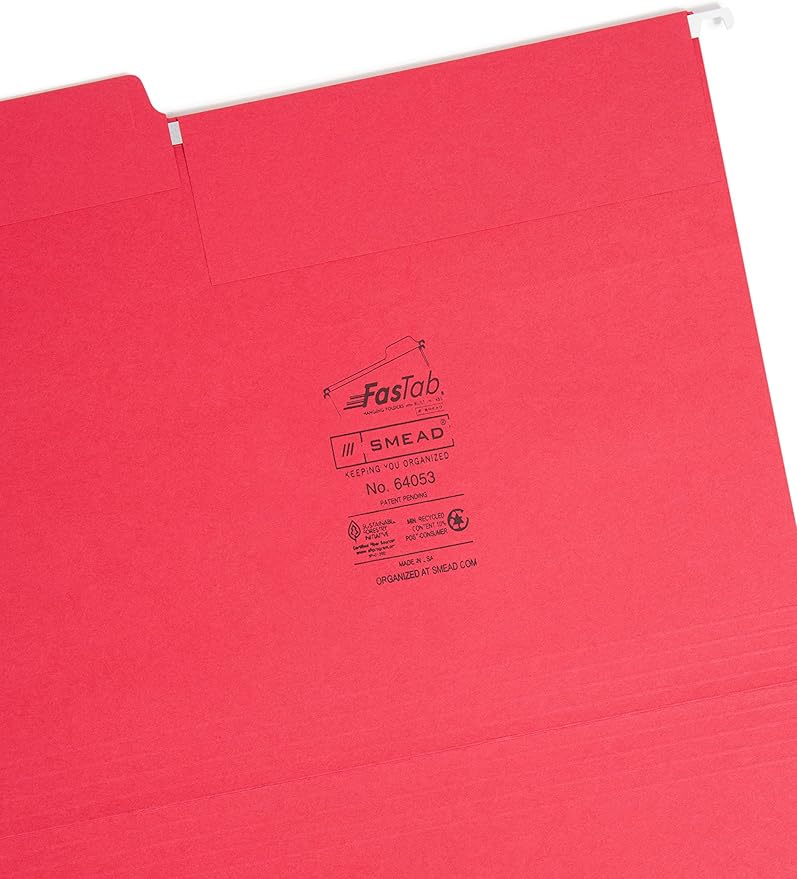 Smead FasTab Hanging File Folder, 1/3-Cut Built-in Tab, Letter Size, Assorted Primary Colors, 18 Count (64053)