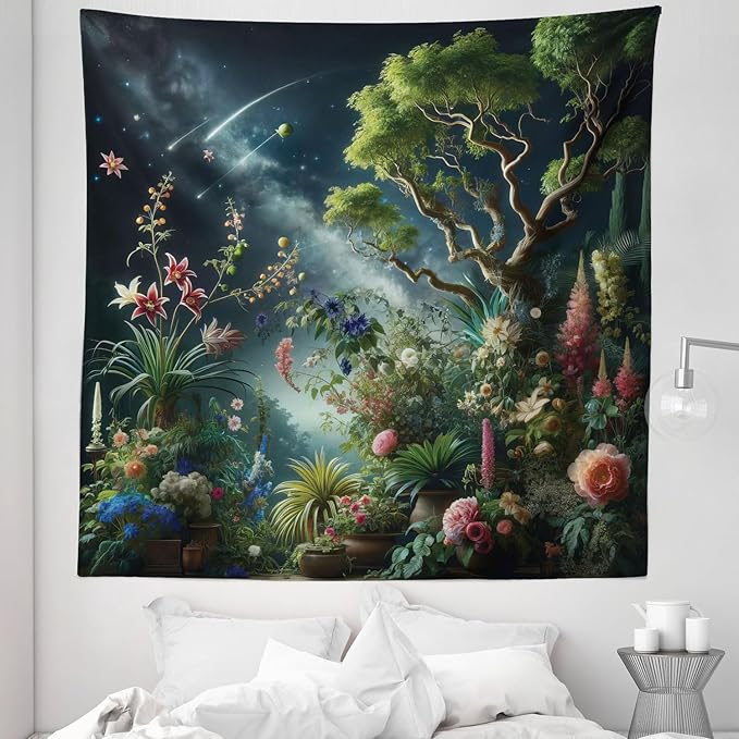 Ambesonne Aesthetic Tapestry Queen Size, Exotic Forest of Twilight with Trees Bushes and Flowers Falling Stars, Wall Hanging Bedspread Bed Cover Wall Decor, 88" X 88", Green Dark Night Blue