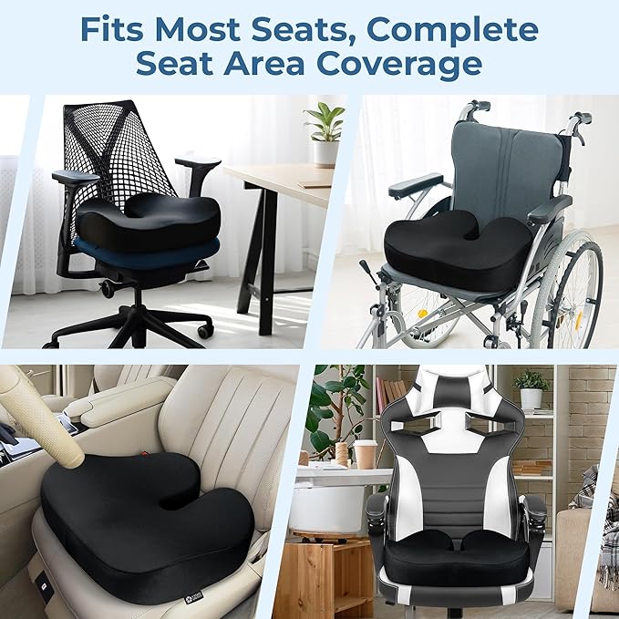5 STARS UNITED Seat Cushion for Tailbone Pain Relief – Large Memory Foam Cushion for Coccyx, Hip, Sciatica & Post-Surgery Recovery – Wheelchair, Car, Desk, Gaming & Office Chairs, Black, XX-Large