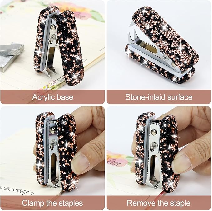 Multibey Arylic Staples Remover, Rhinestone Handmade Crystal Staple Removal Tool Staple Puller Metal Jaws Stationery, Dazzling Bling Office Desk Accessory for Office School and Home (Black Gold)