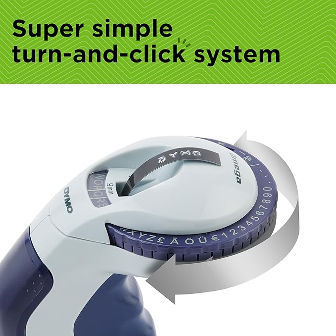 Dymo Embossing Label Maker with 3 Label Tapes | Omega Label Maker Starter Kit | Small, Ergonomic Design with Turn Click Wheel | for Home, DIY & Crafting (£/€, Ä, Ö & Ü)