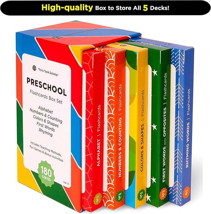 Award-Winning Flash Cards for Preschool & Kindergarten – 5-Deck Set, 180 Jumbo Cards – Learn Alphabet, Numbers, Colors, Shapes, First Words, Opposites & Rhyming – for Kids Ages 2–5