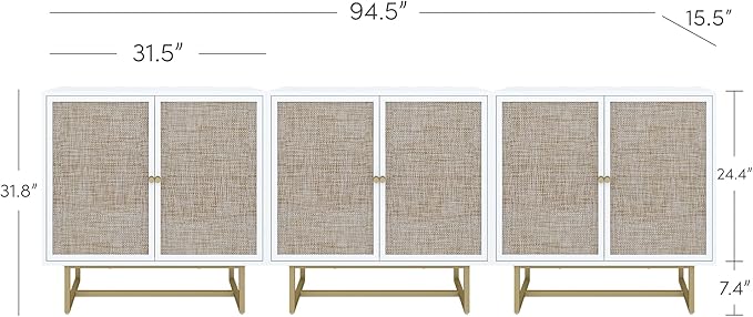 Nathan James Kova Rattan Wood Accent Natural Sideboard Storage Cabinet TV Stand with Matte Metal Frame, Adjustable Shelves and Cane Doors, for Hallway, or Living Room, White/Cane/Brass, Set of 3