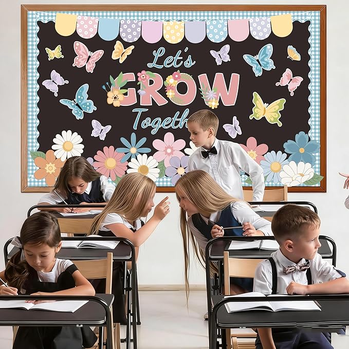 Spring Bulletin Board Set Spring Classroom Decorations Let’s Grow Together Inspirational Bulletin Board Flower Cutouts for Home School Office Chalkboard Whiteboard Wall Window Door Decor Supplies