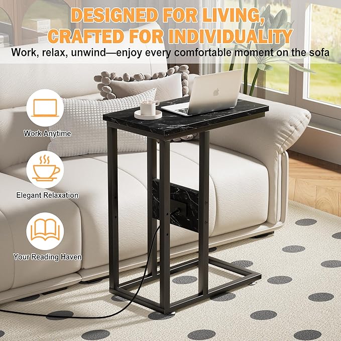 VECELO C Shaped End Table with Charging Station & Power Outlets, Quick Access Side Table for Sofa, C Bedside for Living Room Bedroom 1 Set,Black Marble