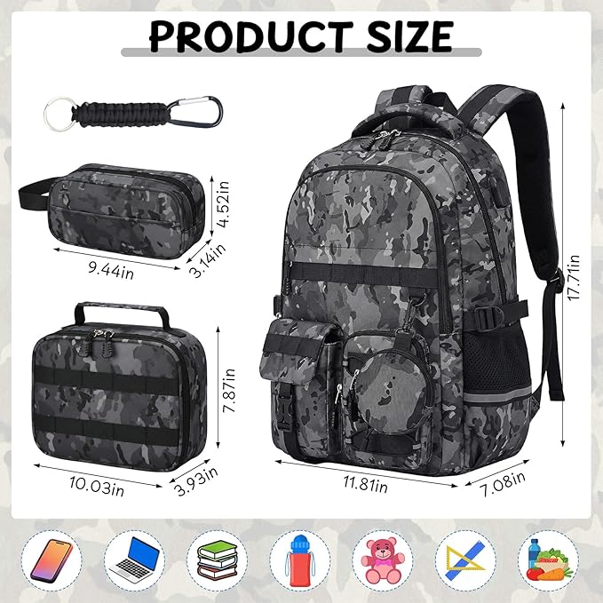 School Backpack for Boys - 5pcs Camo Boys Backpack with Lunch Box Set for Kids Teens Elementary Middle High School,18″ Large Capacity Students Bookbag