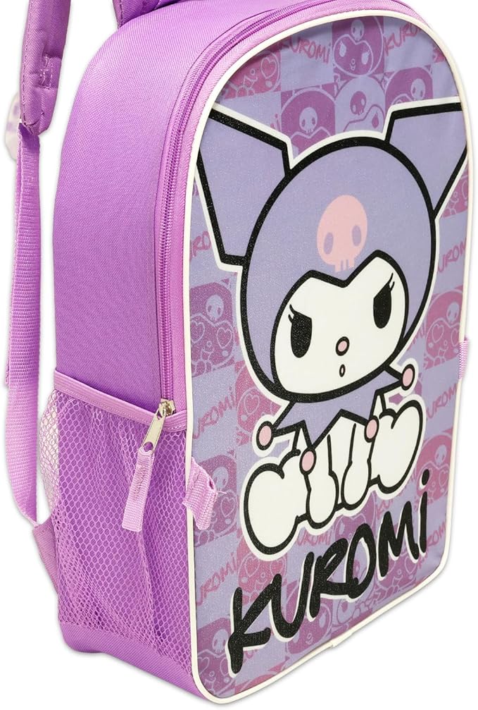 Kuromi Backpack and Lunch Bag Set - Bundle with 16” Sanrio School Backpack, Lunch Box, Water Bottle, Tattoos, More | Kuromi School Bag for Girls, Kids