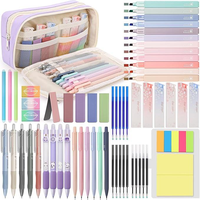 61 PCS Aesthetic School Supplies with Cute Pen Case, Pastel No Bleed Highlighters, Gel & Erasable Pens, Mechanical Pencils, Refills, Complete Essentials Stationery Kit for Students (Purple)