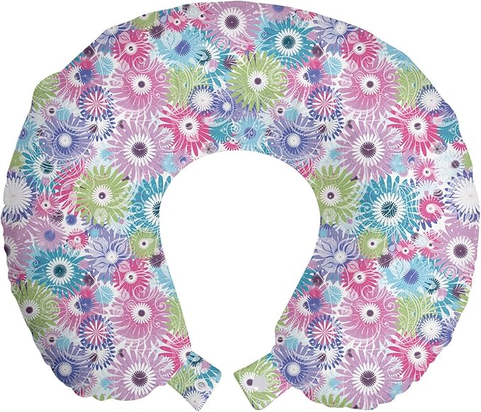 Ambesonne Floral Travel Pillow Neck Rest, Colorful Pastel Pattern with Flowers and Vintage Curls Ornate Style Gerbera Daisies, Memory Foam Traveling Accessory for Airplane and Car, 12", Purple Green