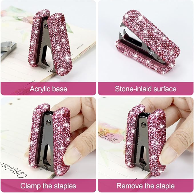 Multibey Staple Remover, Rhinestone Bedazzled Bling Desk Accessory with Metal Jaws, Acrylic Handle for Office & School Supplies, Cute Gift for Women (Pink, Black)