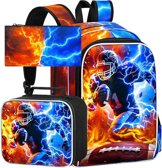 gxtvo 3PCS Rugby School Backpack for Boys, 17" Kids Bookbag with Lunch Box, Water Resistant Middle Elementary - Fire & Lightning Rugby Player
