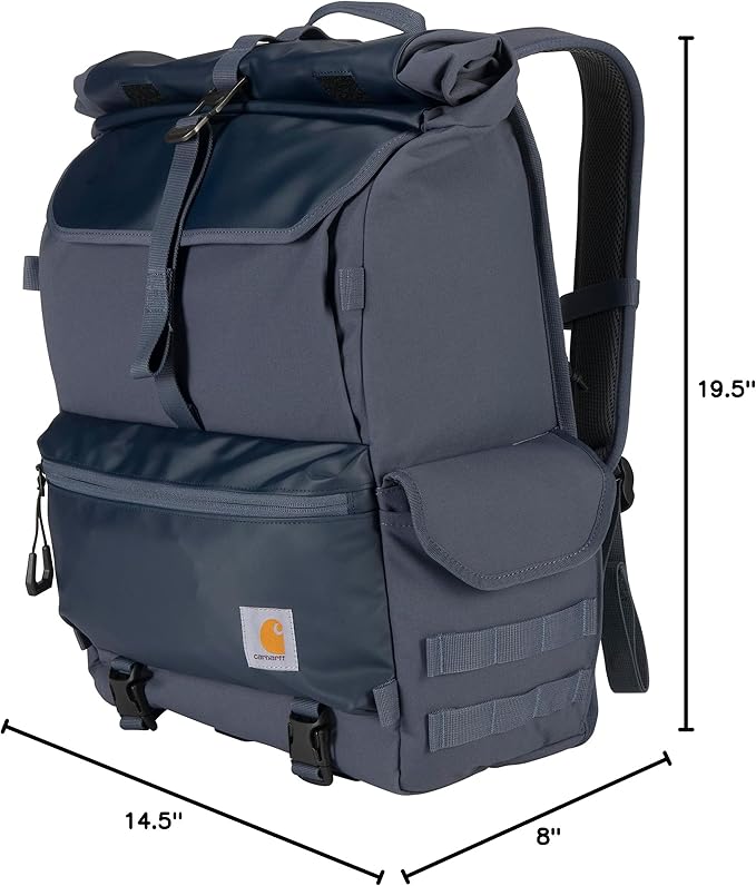 Carhartt 40L Nylon Roll Top Backpack, Heavy-Duty Water-Resistant Material W/ 17" Laptop Sleeve, Bluestone