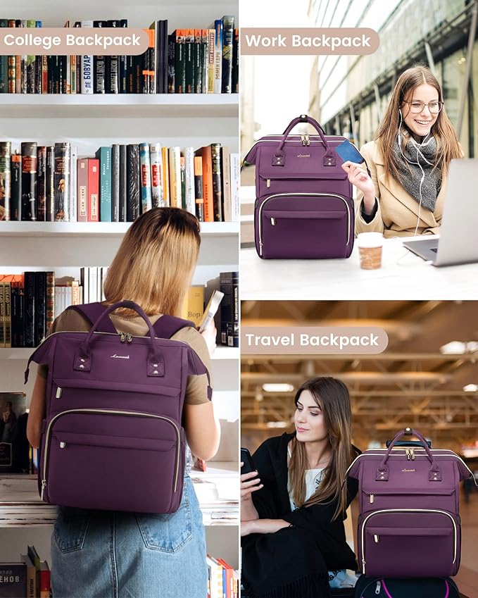 LOVEVOOK 17.3 Inch Laptop Backpack, Large Travel Backpack for Women, Water Resistant Teacher Backpack with Laptop Compartment, Professional Business Work bags with Charger, Dark Purple