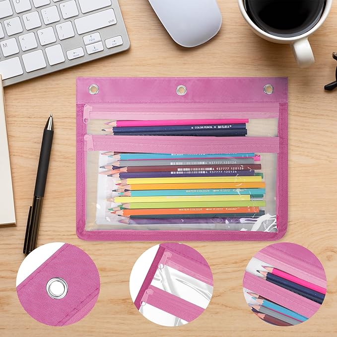 YoeeJob 6 Pack Zipper Pencil Pouches for 3 Ring Binder, 1.5 Inch Expandable with 2 Pockets and Clear Window for School and Office （Pink）