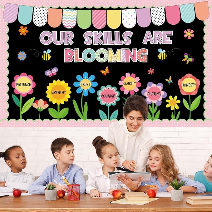 Qyeahkj Spring Bulletin Board Decorations Set Butterfly & Flower Cutouts Reusable Motivational Pastel Floral Classroom Office Home Wall Decor for Teachers Nursery Spring Party Backdrop (Easy-Install)
