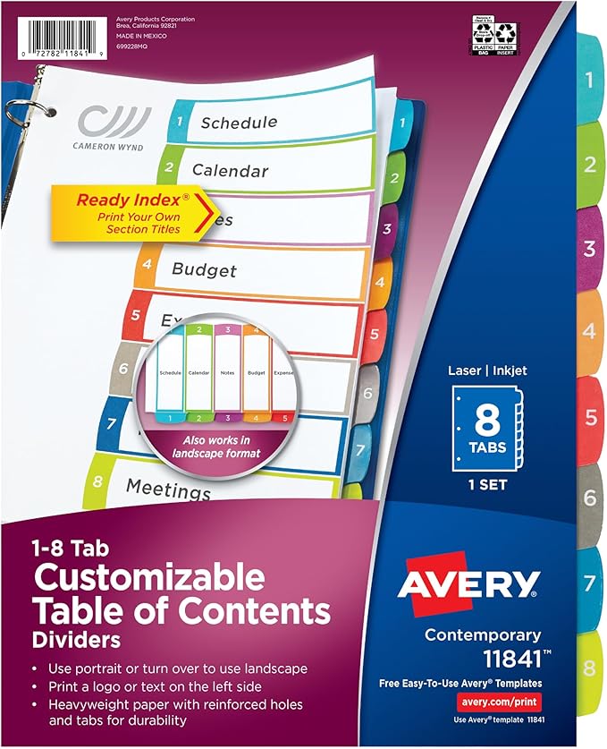 Avery Dividers for 3 Ring Binders, 8 Tabs per Set, Customizable Table of Contents, Multicolor Arched Tabs, Great for Organizing Reports, Projects, and More (11841)