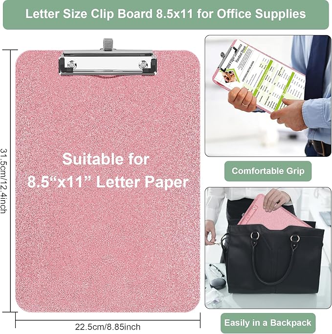 1 Pcs Clear Glitter Clipboards, Plastic Clipboard with Pen Holder, Size 8.85 x 12.4 in Shiny Clipboards with Low Profile Clip, Cute Hanging Clipboard for Office School Supplies Sparkly Clip board-Pink