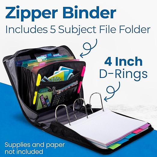 Case-it King Sized Zip Tab School Zipper Binder | 4-Inch D-Rings, 800 Sheet Capacity, 5-Subject Expanding File Folder, Multiple Pockets & Storage Organizer, Shoulder Strap | D-186 Jet Black