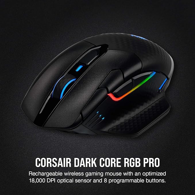 Corsair Dark CORE RGB PRO Wireless/Wired FPS MOBA Gaming Mouse – 18,000 DPI, Fast Response Time, 8 Programmable Side Buttons, Dynamic Multi-Color Backlighting – Black