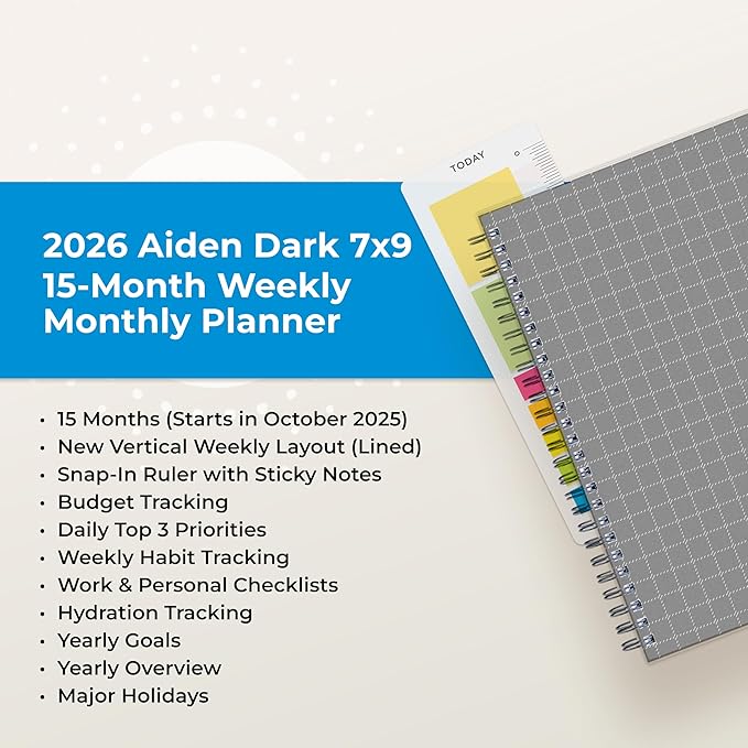 Blue Sky 15 Month 2026 Weekly and Monthly Planner Calendar, October 2025 - December 2026, 7" x 9", Flexible Cover, Durable Twin Wire Binding, Laminated Tabs, Includes Ruler & Sticky Notes, Aiden Dark