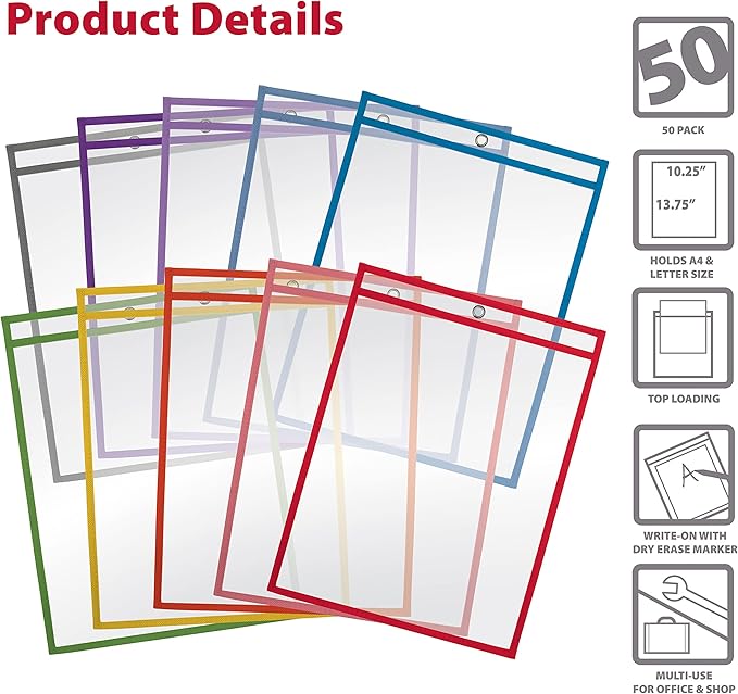 Better Office Products Dry Erase Pocket Sleeves, 50 Count, Crystal Clear, Oversized, 10.25" x 13.75", Heavy Duty Dry Erase Pocket Sheet Protectors, Reusable Pockets with 10 Assorted Colors, 50 Pack