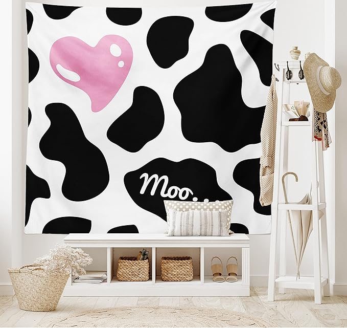 Ambesonne Cow Print Tapestry King Size, Camouflage Hide Skin Pattern in Pastel Color Shades Heart Shape Moo, Wall Hanging Bedspread Bed Cover Wall Decor, King Size, Pink Black White