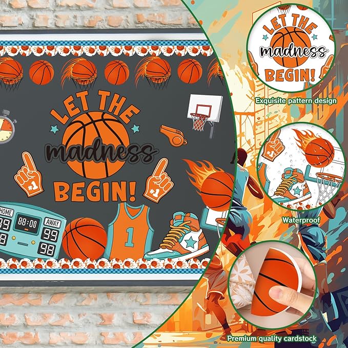 Basketball Bulletin Board Decorations - Sports Classroom Decorations, Basketball Game Paper Cutouts Set for Chalkboard, School Office Wall Background Decor Supplies