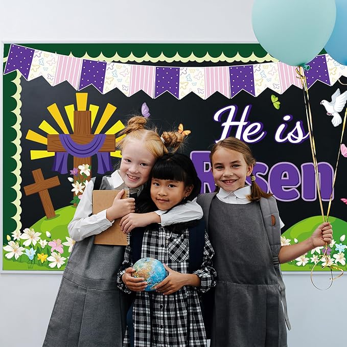 Easter Spring Bulletin Board Decorations Set, He is Risen Floral Cross Classroom Decoration Butterflies Lily Cutouts Christian Jesus Library Sunday School Window Wall Decor for Teacher(He is Risen)
