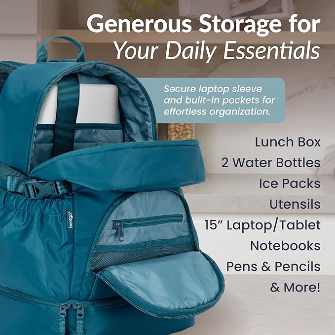 Bentgo 2-in-1 Adult Backpack & Insulated Lunch Bag – Lightweight, Water-Resistant Travel Backpack with 9 Compartments, Laptop Sleeve & Trolley Sleeve for Work & Everyday Use (Deep Teal)