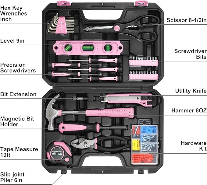 Amazon Basics 142-Piece Household Tool Kit for Home Repair,Hand Tools with Storage Case,13.39 x 9.25 x 2.95 inch,Pink,(Pack of 4)