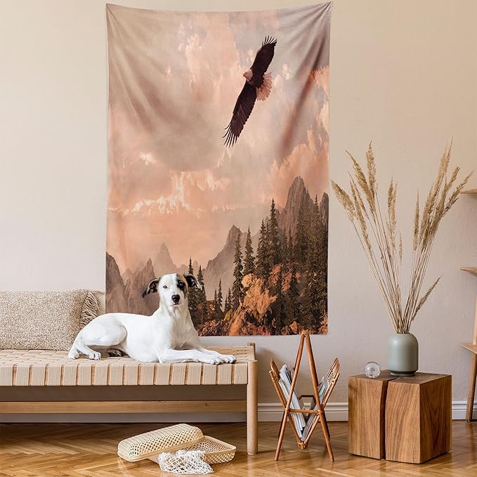 Ambesonne Eagle Tapestry, Nature Photography of Rocky Mountains and Forest a Bird Flying over It, Wall Hanging for Bedroom Living Room Dorm Decor, 40" X 60", Rose Green