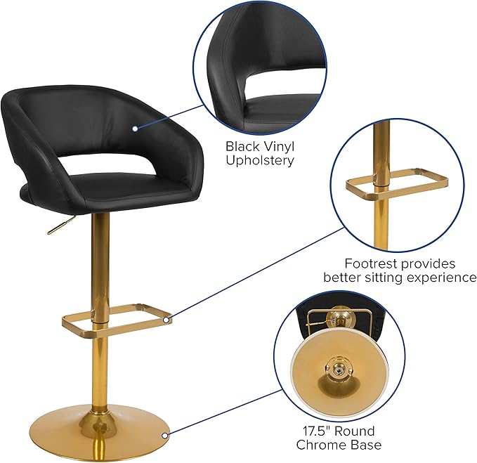 Flash Furniture Erik Contemporary Adjustable Height Barstool with Footrest and Rounded Mid-Back, Upholstered Bar or Counter Height Stool, Black/Gold