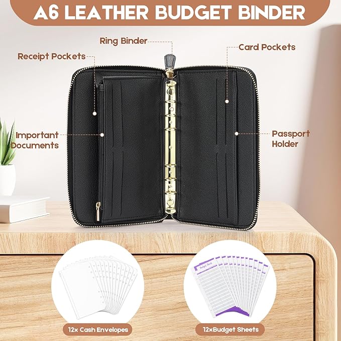 SEEKIND A6 Budget Binder, Money Saving Binder with Zipper Envelopes, PU Leather Wallet Budget Planner,Cash Envelopes and Expense Budget Sheets for Budgeting(Black)