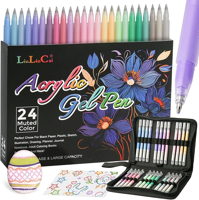 LIUILUCAI 24 Deep Colors Acrylic Gel Pens for Black Paper, Large Capacity 3D Acrylic Paint Pens with 1.0mm Bullet Tip, Colored Gel Ink Pen for Adult Coloring Books Drawing Journaling Art Supplies