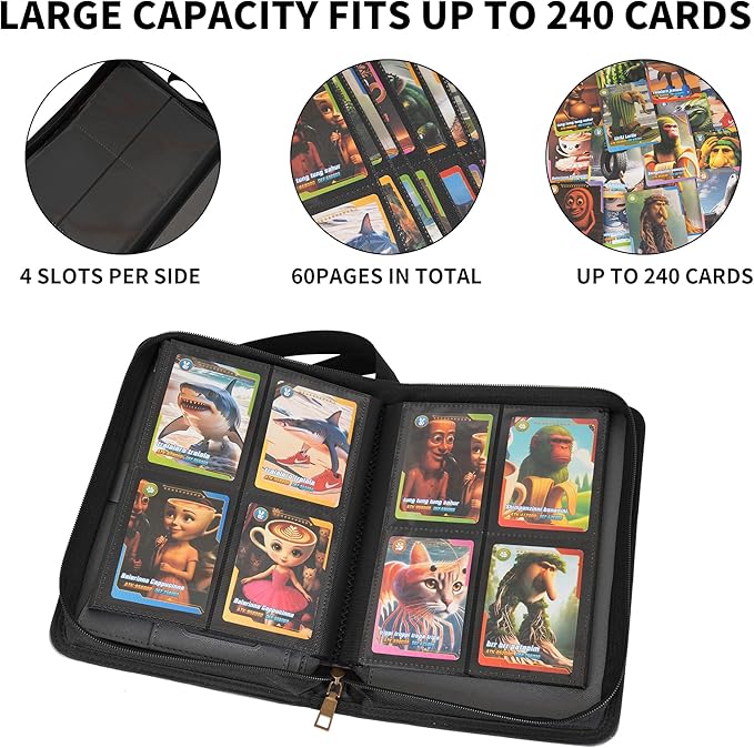 Wonderpool Card Binder A5 Album Zippered 4-Pocket Trading for 240 Cards - Leather PU Card Holder Collection Storage Folder, Side-Loading for Photo Pokemon, MTG, TCG, Yugioh, Sports Cards (Grey)