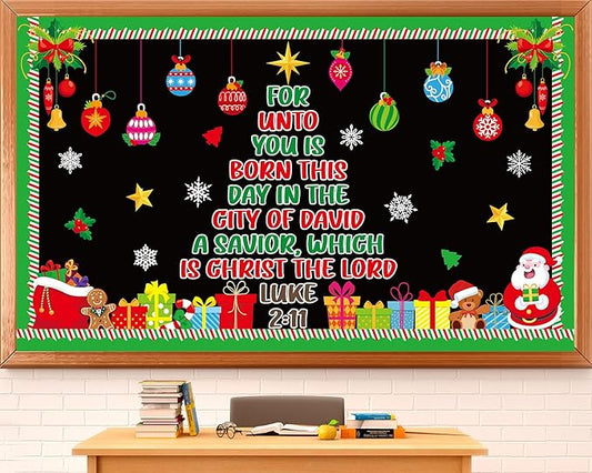 Christmas Religious Bulletin Board Set Christmas Tree Classroom Decor Christian Bible Lord Xmas Gift Boxes Snowflakes Cutouts for Winter Holiday Sunday School Church Classroom Chalkboard Wall Decor