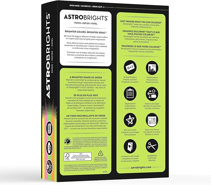 Bright Color Paper, Neenah Astrobrights®, Letter Paper Size, 24 Lb, Assorted Colors, Ream of 500 Sheets (Pack of 2)