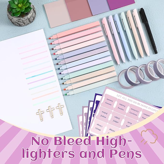 137 Pcs Bible Study Supplies Journaling Kit 1 Pencil Case 12 Highlighters 4 Sticky Notes 6 Gel Pens 35 Paper Clips 3 Tapes 1 Markers 75 Tabs for Christmas Bible School Gifts(Pink Purple)