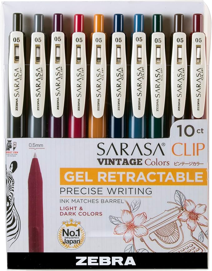 Zebra Pen Sarasa Clip Retractable Gel Pen, 0.5mm Fine Point, Light and Dark Assorted Vintage Ink Colors, Water Based, Ideal for Office and School, Journal, Note Taking and Planner Use, 10-Pack (47510)