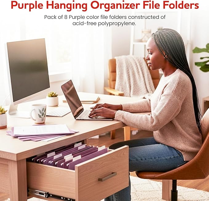 Purple Hanging File Folders – 8 Pack, Letter Size File Organization Folders for Home, Office, School & Filing Cabinets